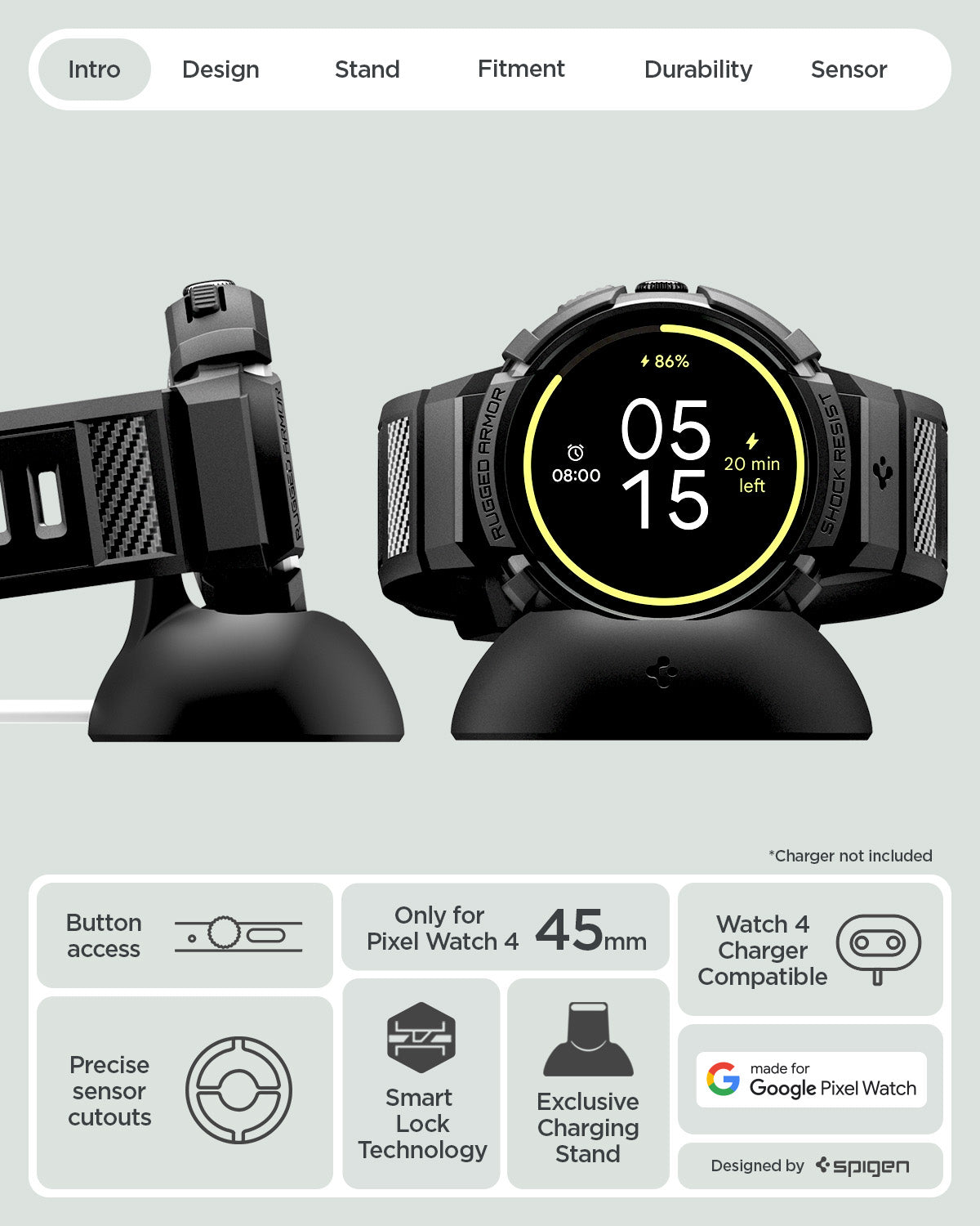 ACS09489 - GWdde Band Rugged Armor Pro in black showing the details. Button access, precise sensor cutouts, smart lock technology, exclusive charging stand and compatible with Pixel Watch 4 45mm