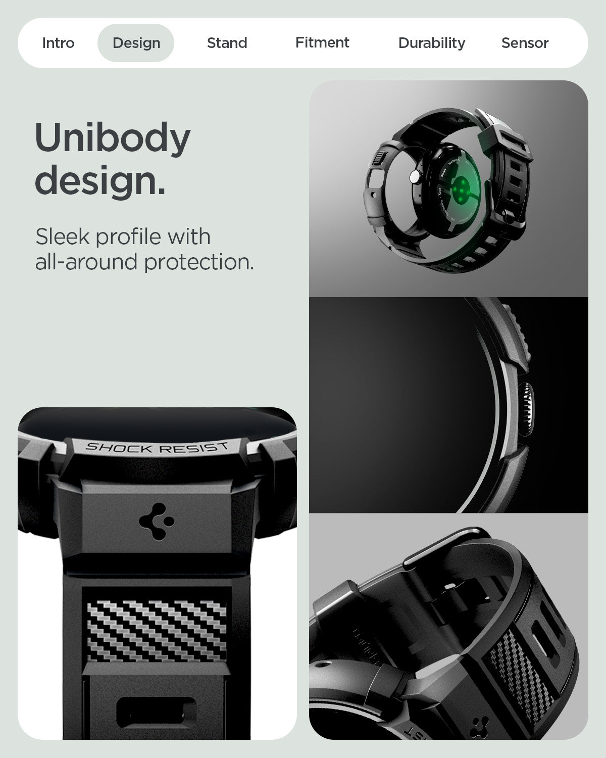 ACS09489 - GWdde Band Rugged Armor Pro in black showing the unibody design. Sleek profile with all around protection