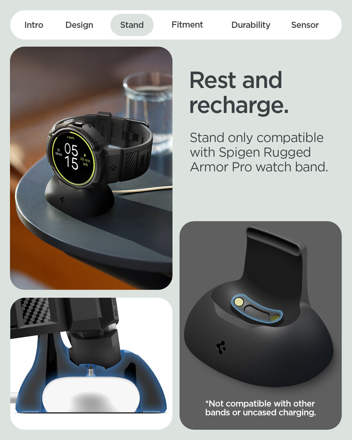 ACS09489 - GWdde Band Rugged Armor Pro in black showing the rest and recharge. Stand only compatible with Spigen rugged armor pro watch band. Not compatible with other bands or uncased charging