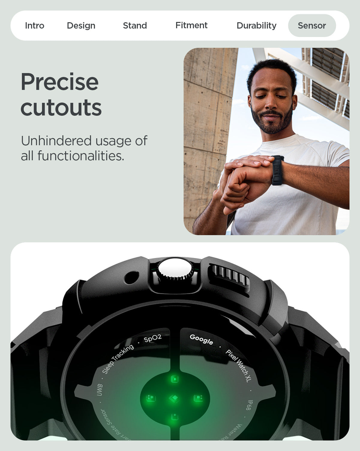 ACS09489 - GWdde Band Rugged Armor Pro in black showing the precise cutouts. Unhindered use of all functionalities