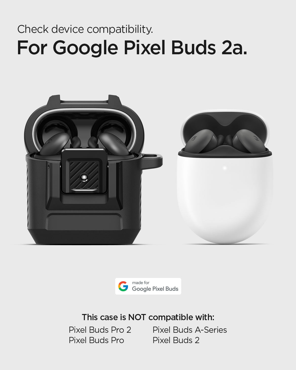 ACS09481 - GBAb Case Lock Fit in black showing the compatibility. Compatible with Google Pixel Buds 2a