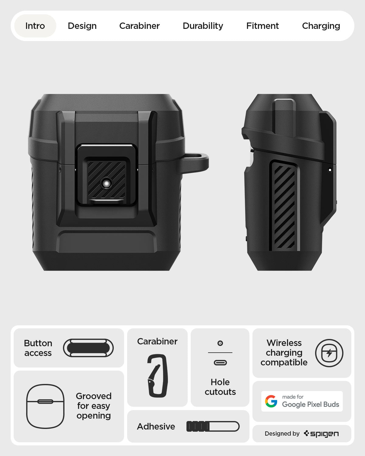 ACS09481 - GBAb Case Lock Fit in black showing the case overview. Button access, grooved for easy opening, carabiner, adhesive, hole cutouts and wireless charging compatible