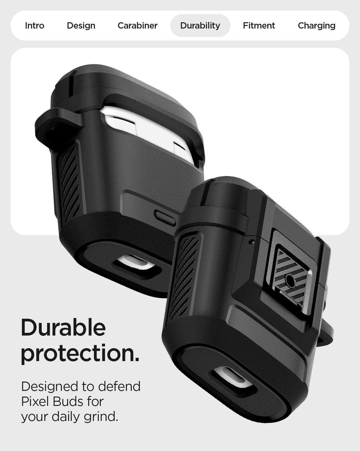 ACS09481 - GBAb Case Lock Fit in black showing the durable protection. Designed to defend pixel buds for your daily grind