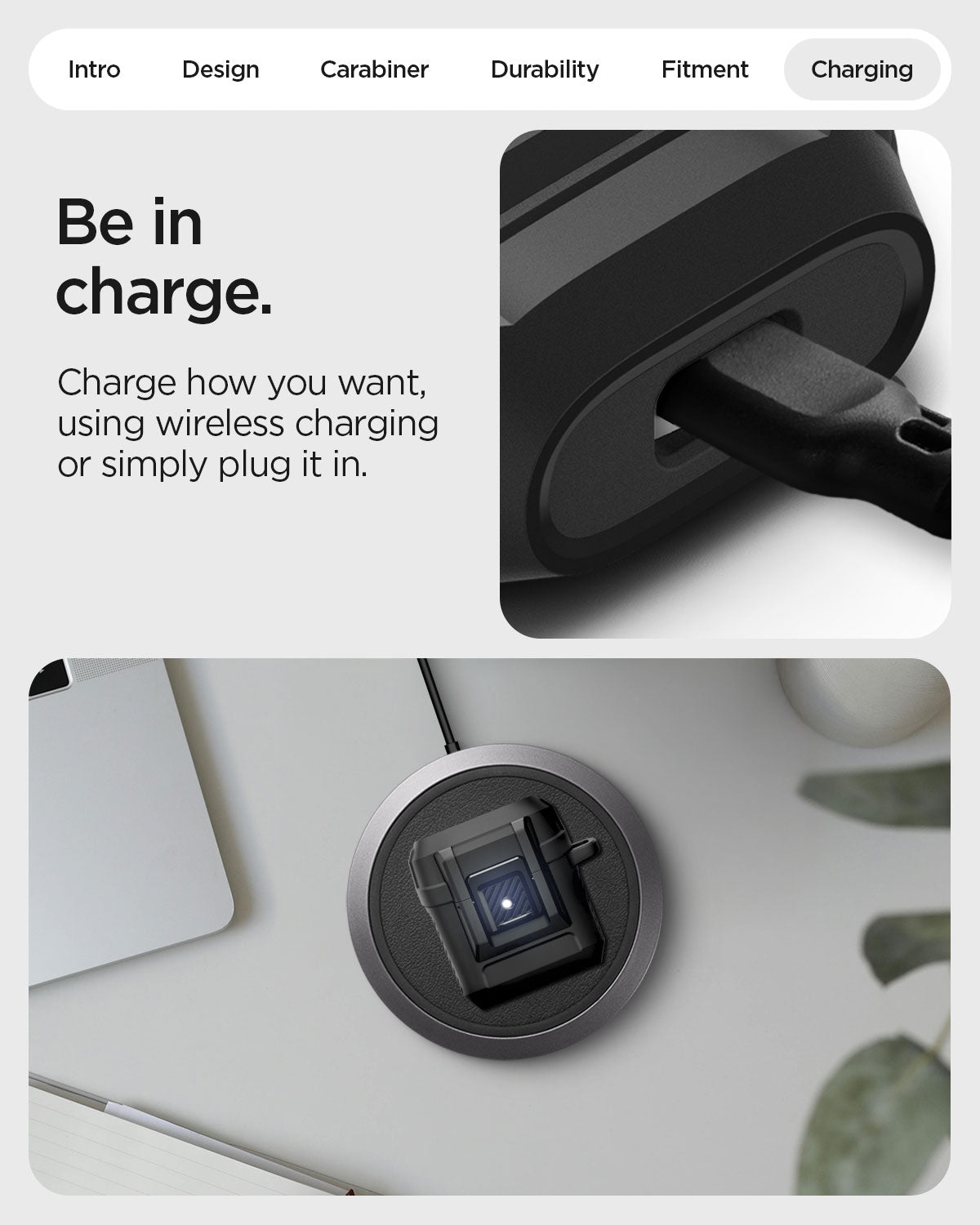 ACS09481 - GBAb Case Lock Fit in black showing be in charge. Charge how you want, using wireless charging or simply plug it in