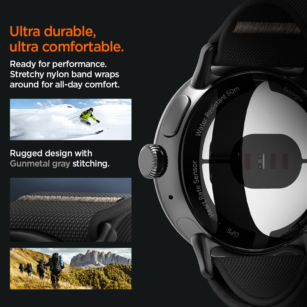 AMP06348 - Pixel Watch Series Case Lite Fit in black ultra durable, ultra comfortable. ready for performance stretchy nylon band wraps around for all day comfort. rugged design with gunmetal gray stitching.