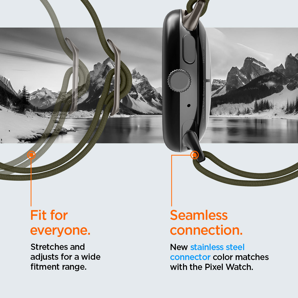 AMP07608 - Pixel Watch Lite Fit in Khaki fit for everyone stretches and adjusts for a wide fitment range. seamless connection new stainless steel connector color matches with the pixel watch.
