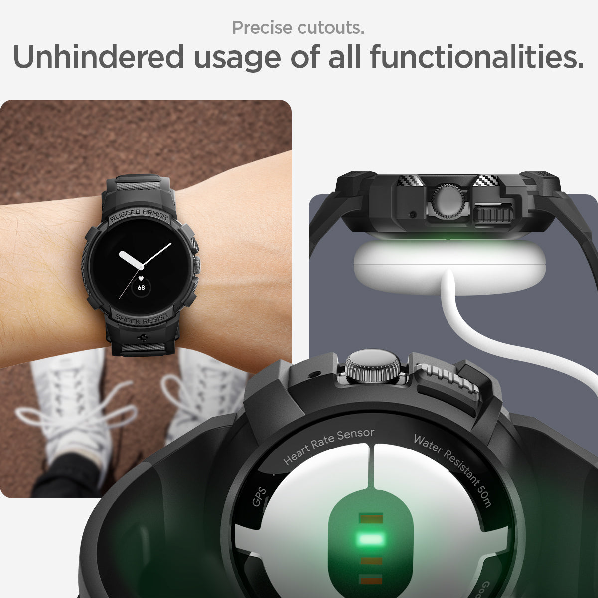 ACS04800 - Pixel Watch Case Rugged Armor Pro in black precise cutouts. unhindered usage of all functionalities.