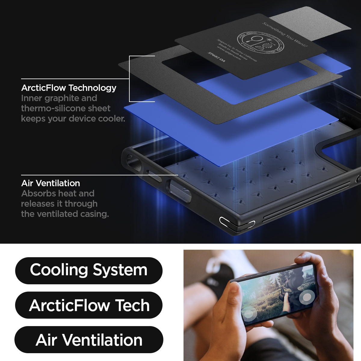 ACS07290 - Galaxy S24 Ultra Case Cryo Armor in Cryo Blue showing the Cooling System, ArcticFlow Tech and Air Ventilation. ArticFlow Technology, inner graphite and thermo-silicone sheet keeps your device cooler. Air Ventilation, absorbs heat and releases it through the ventilated casing