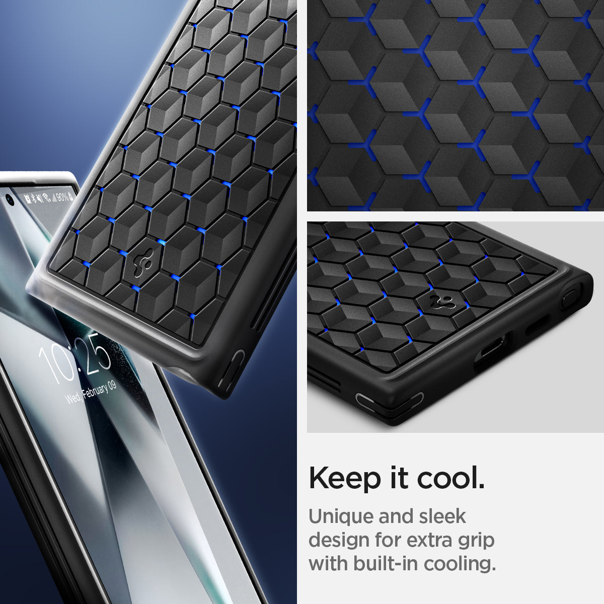 ACS07290 - Galaxy S24 Ultra Case Cryo Armor in Cryo Blue showing the unique and sleek design for extra grip with built-in cooling