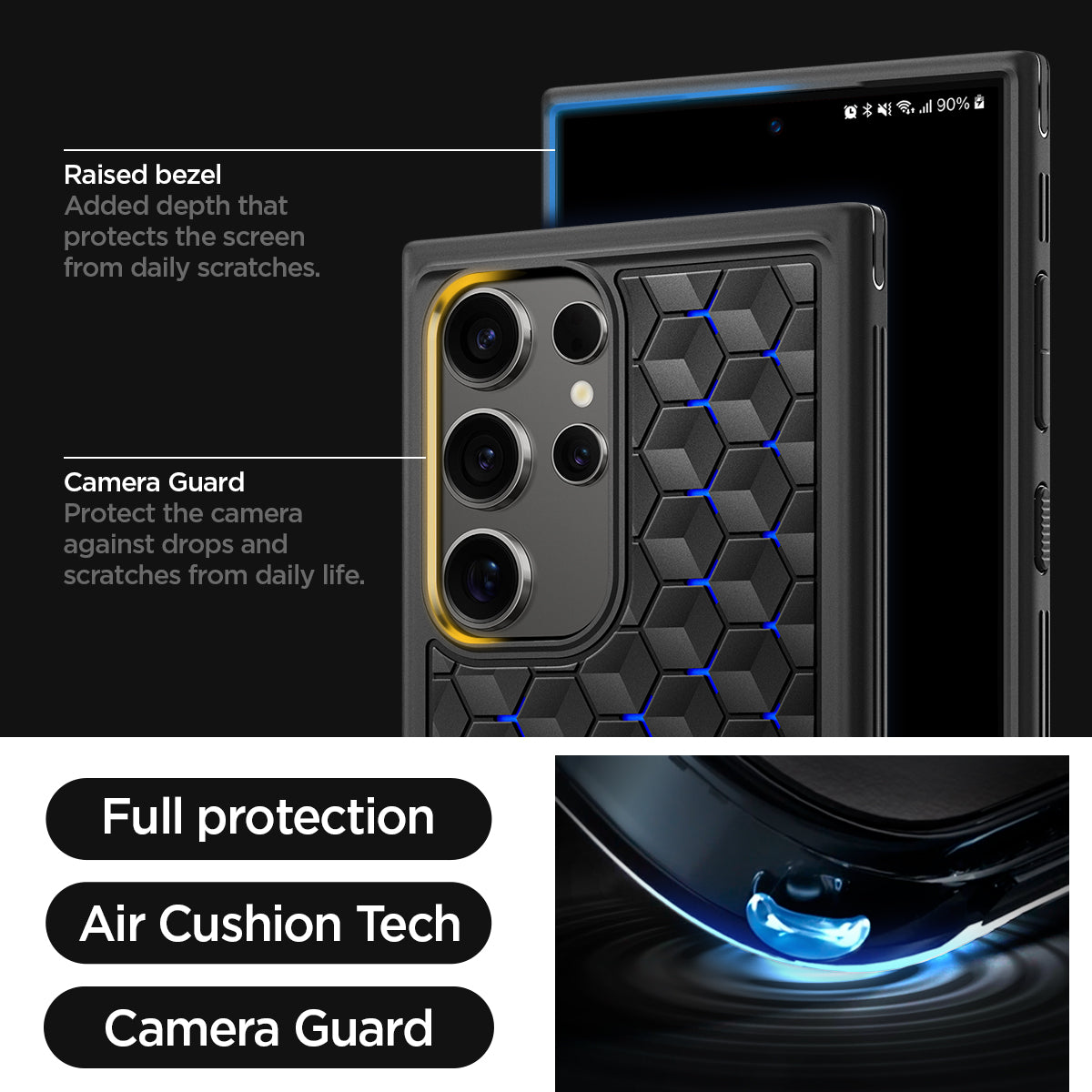 ACS07290 - Galaxy S24 Ultra Case Cryo Armor in Cryo Blue showing the full protection, air cushion technology and camera guard. Raised bezel added depth that protects the screen from daily scratches while camera guard protect the camera against drops and scratches from daily life