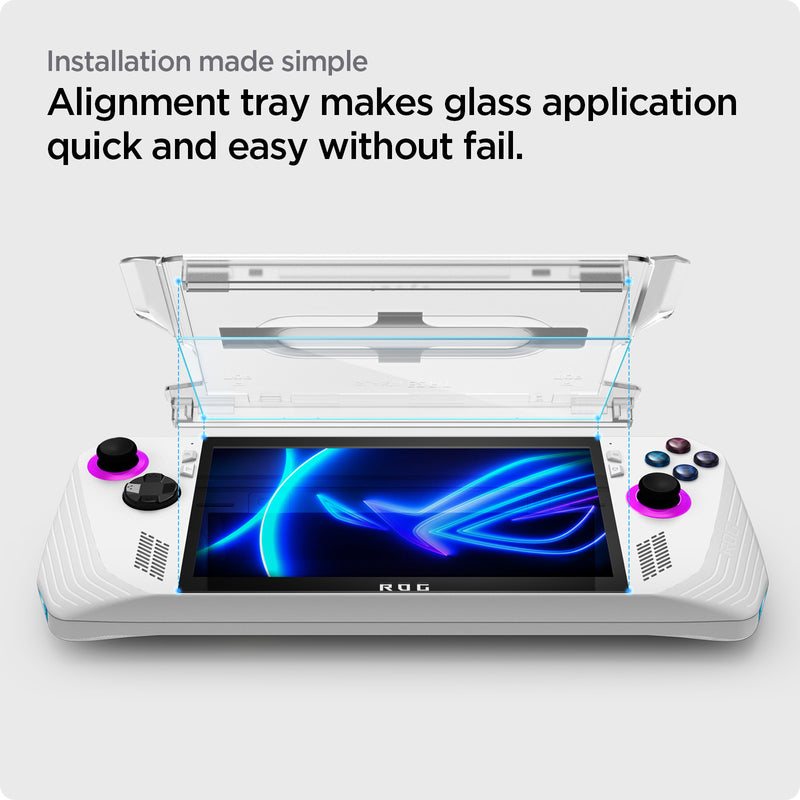 AGL07043 - ROG Ally (2023) RC71L Screen Protector EZ FIT GLAS.tR showing the installation made simple. Alignment tray makes glass application quick and easy without fail