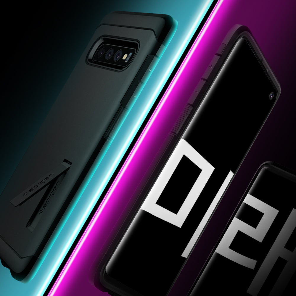 605CS25805 - Galaxy S10 Tough Armor Case in black showing side and kick stand to show future in korean.
