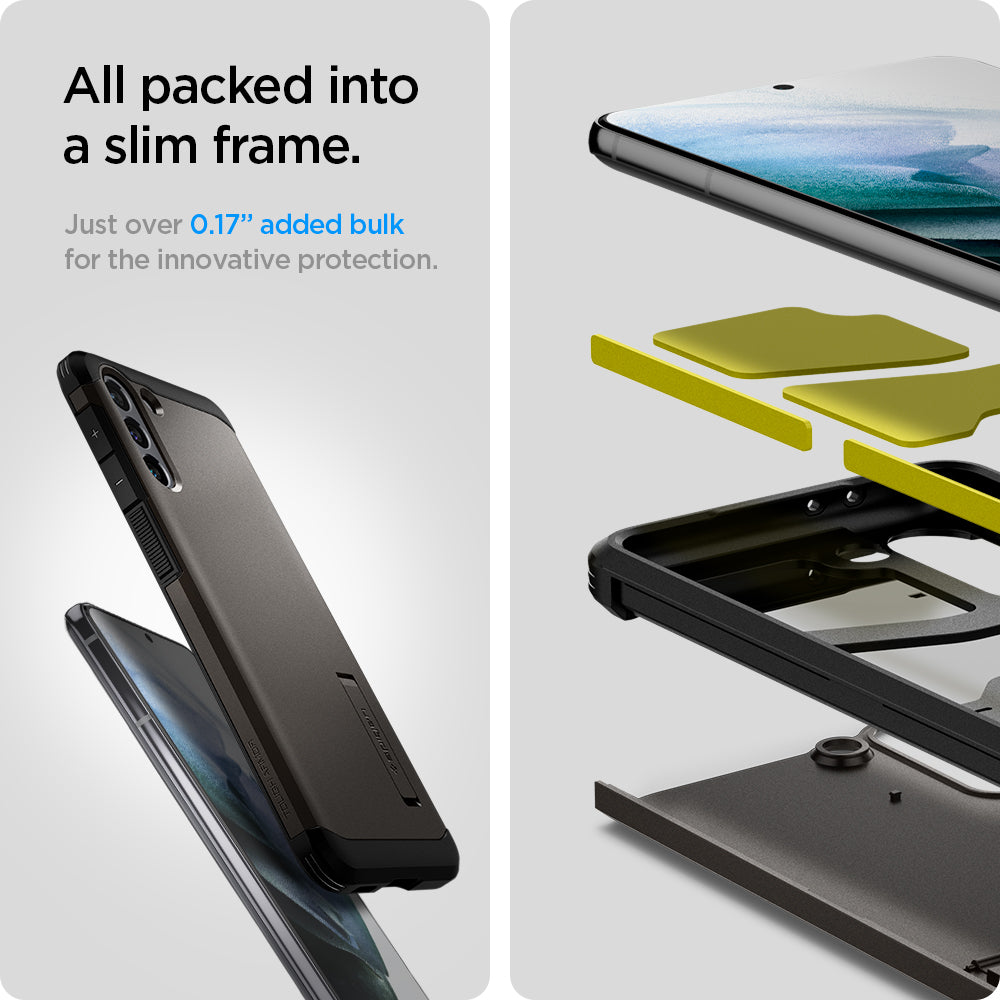 ACS02426 - Galaxy S21 Tough Armor Case in gunmetal all packed into a slim frame. Just over 0.17" added bulk for the innovative protection.