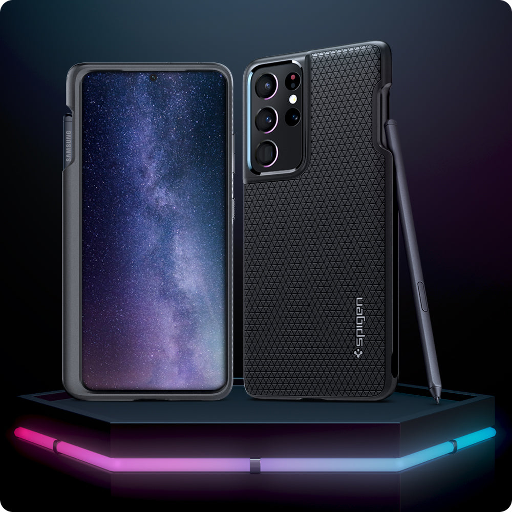 ACS02831 - Galaxy S21 Series Case Liquid Air Pro in matte black showing the back, front and partial side with s pen leaning on the device