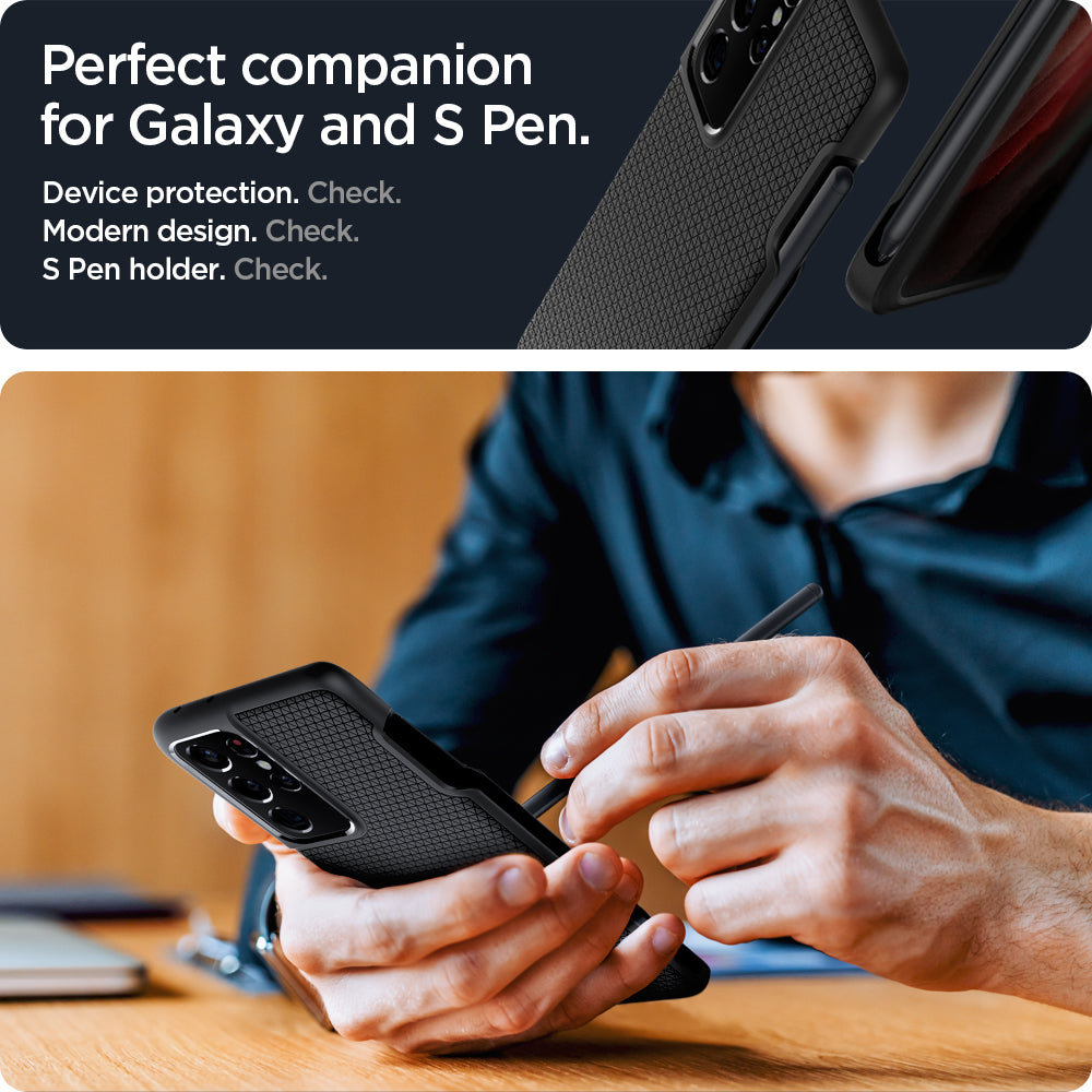 ACS02831 - Galaxy S21 Series Case Liquid Air Pro in matte black showing the perfect companion for Galaxy and S Pen. Device protection. Modern design and S Pen holder all check