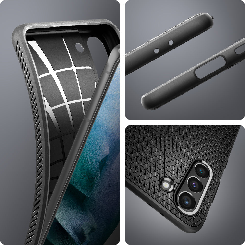 ACS02386 - Galaxy S21 Plus Liquid Air Case in matte black showing the different angles more focused and zoomed in