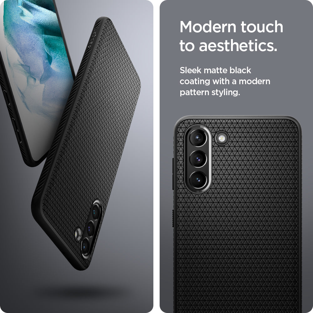 ACS02386 - Galaxy S21 Plus Liquid Air Case in matte black showing the modern touch to aesthetics. Sleek matte black coating with a modern pattern style