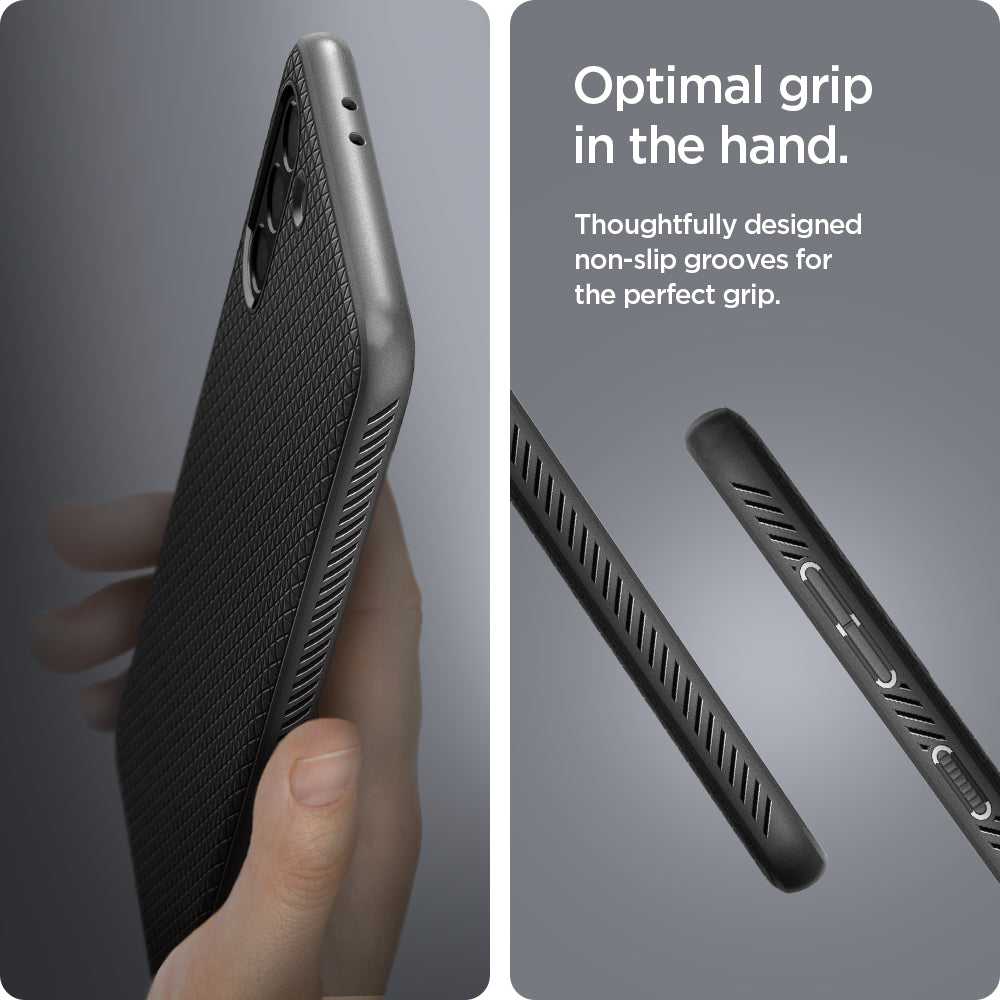 ACS02386 - Galaxy S21 Plus Liquid Air Case in matte black showing the optimal grip in the hand. Thoughtfully designed non-slip grooves for the perfect grip