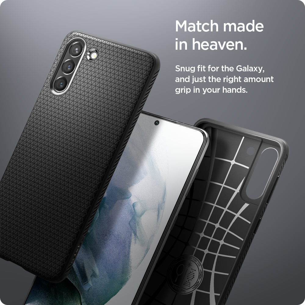 ACS02386 - Galaxy S21 Plus Liquid Air Case in matte black showing the match made in heaven. Snug fit for the Galaxy, and just the right amount of grip in your hands