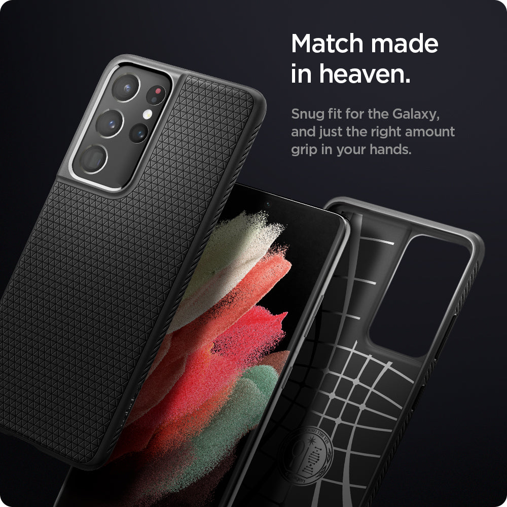 ACS02350 - Galaxy S21 Ultra Liquid Air Case in matte black showing the match made in heaven. Snug fit for the Galaxy, and just the right amount of grip in your hands