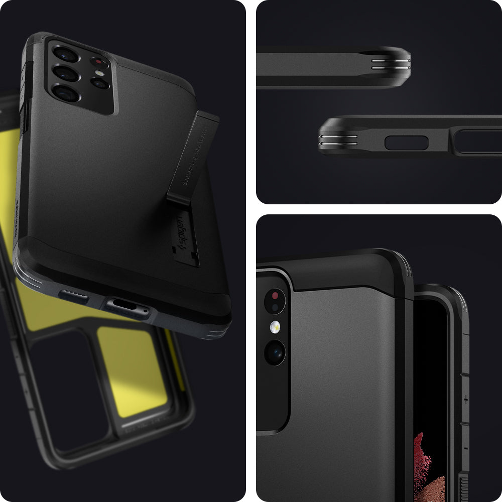 ACS02354 - Galaxy S21 Ultra Tough Armor Case in black showing back and front of phone case.