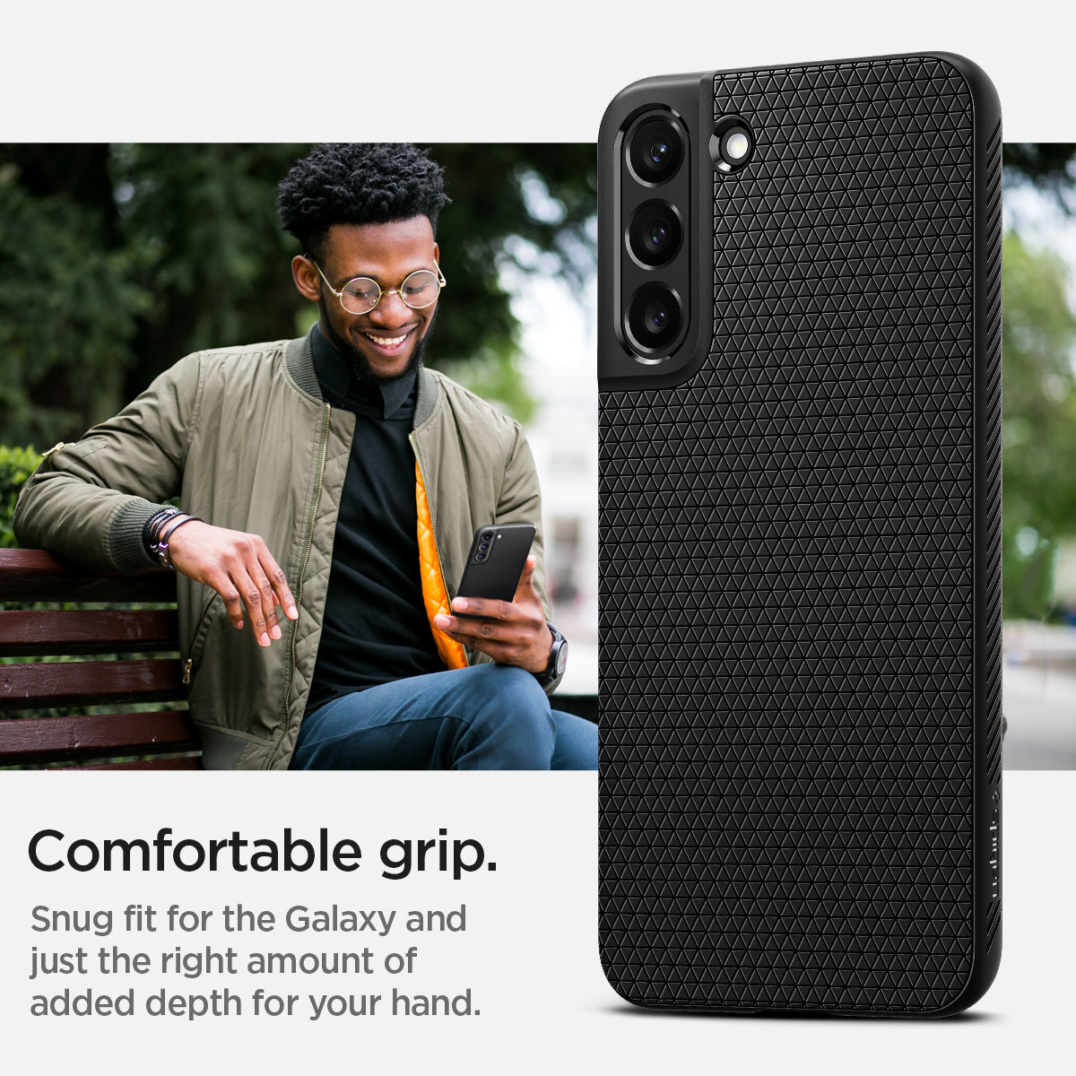 ACS03987 - Galaxy S22 5G Case Liquid Air in black showing the comfortable grip. Snug fit for the Galaxy and just the right amount of added depth for your hand