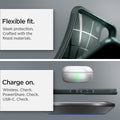 ACS04386 - Galaxy S22 5G Case Liquid Air in abyss green showing the flexible fit. Sleek protection. Crafted with the finest materials. Charge on. Wireless, PowerShare and USB- C all check