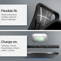 ACS03953 - Galaxy S22 Plus 5G Case Liquid Air in black showing the flexible fit. Sleek protection. Crafted with the finest materials. Charge on. Wireless, PowerShare and USB- C all check