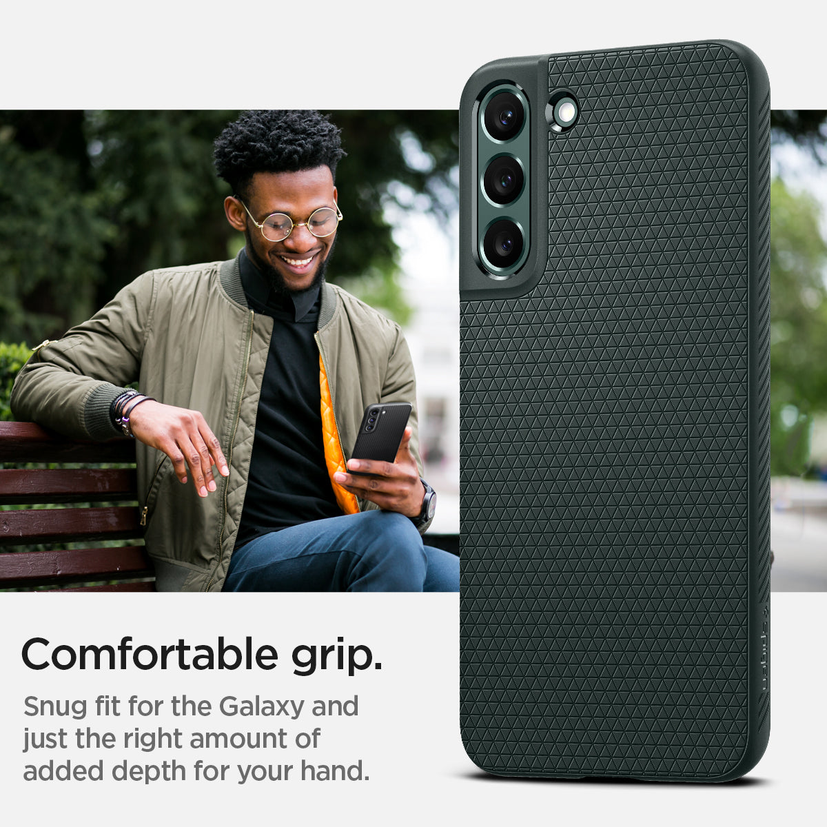 ACS04521 - Galaxy S22 Plus 5G Case Liquid Air in abyss green showing the comfortable grip. Snug fit for the Galaxy and just the right amount of added depth for your hand