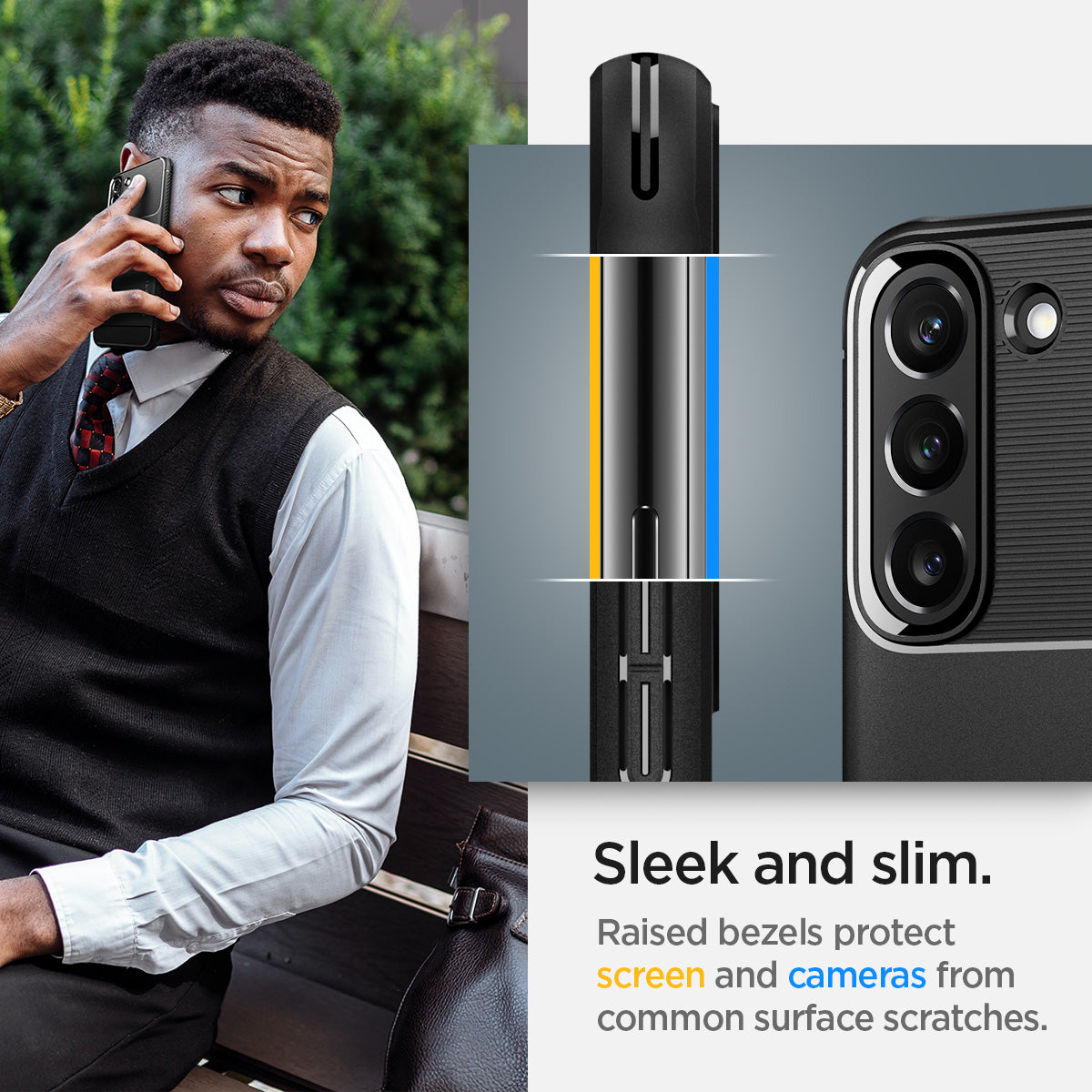 ACS03952 - Galaxy S22 Plus 5G Case Rugged Armor in black sleek and slim. Raised bezels protect screen and cameras from common surface scratches.