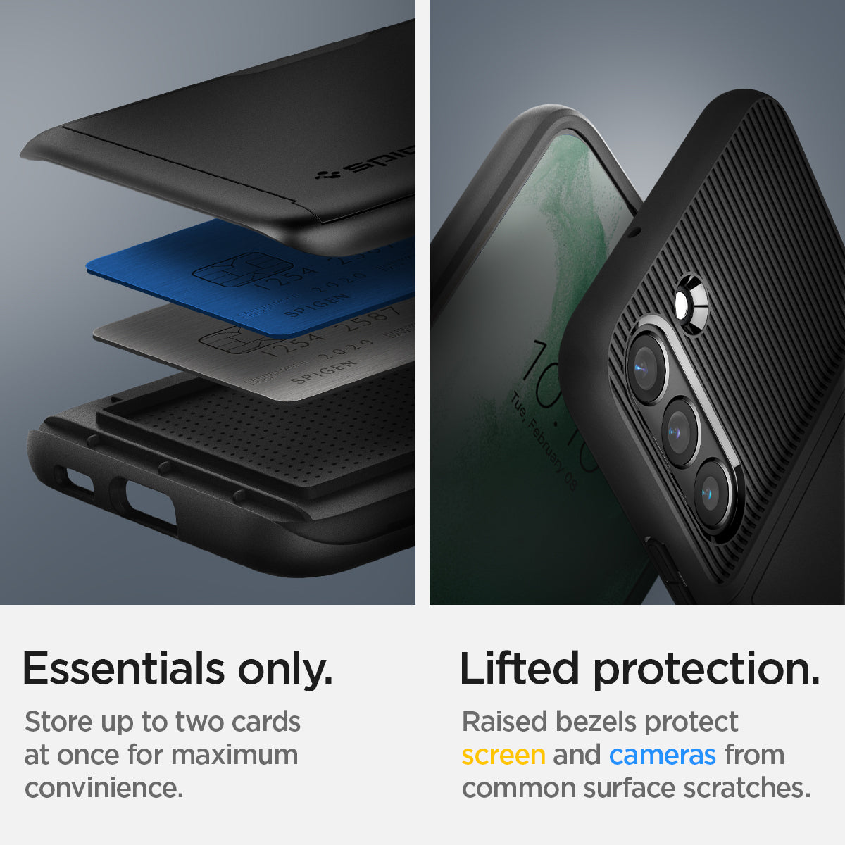 ACS03961 - Galaxy S22 Plus 5G Case Slim Armor CS in black Essential only. Store up to two cards at once for maximum convienience. Lifted protection. raised bezels protect screen and cameras from common surface scratches.