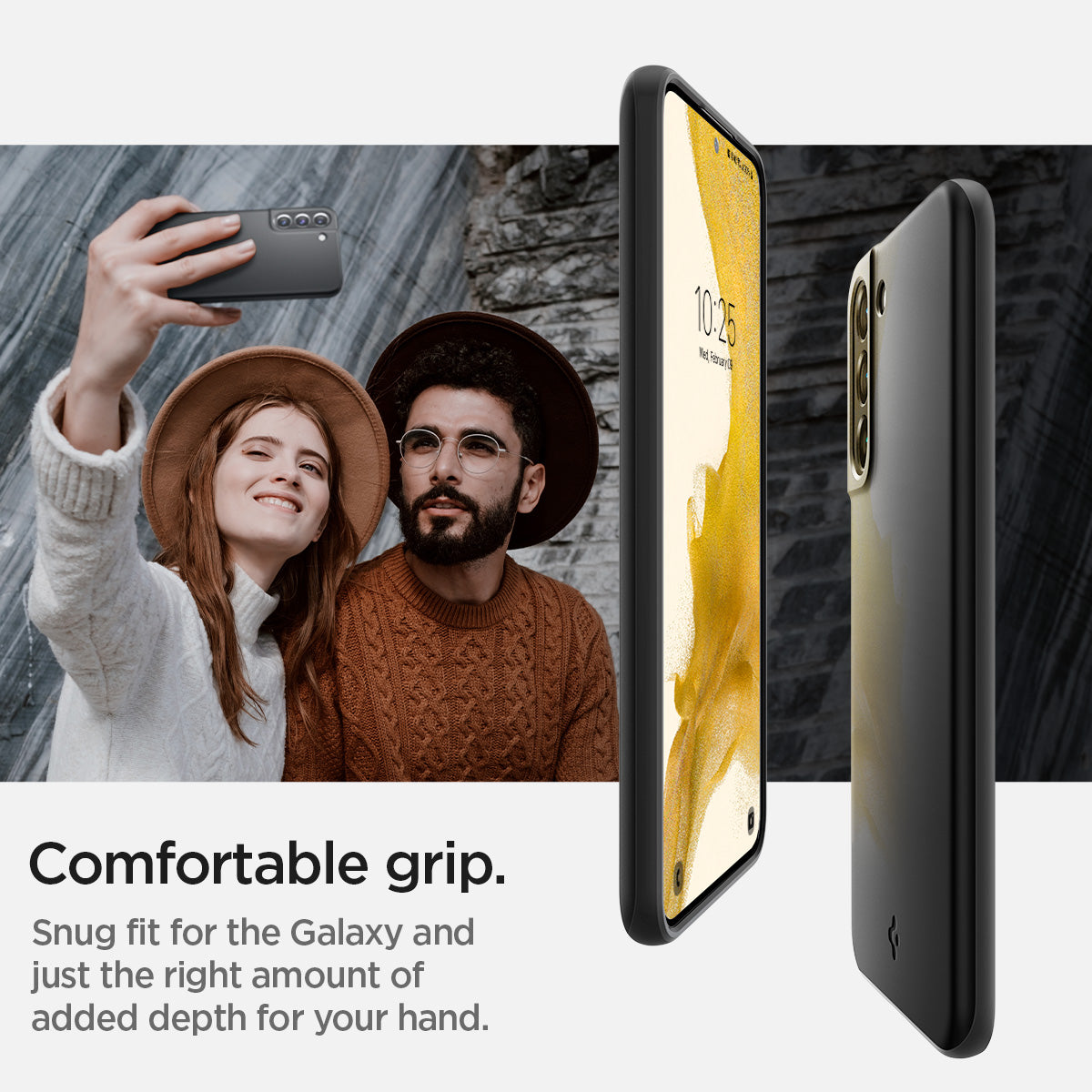 ACS03949 - Galaxy S22 Plus 5G Case Thin Fit in black showing the comfortable grip. Snug fit for the Galaxy and just the right amount added for your hand