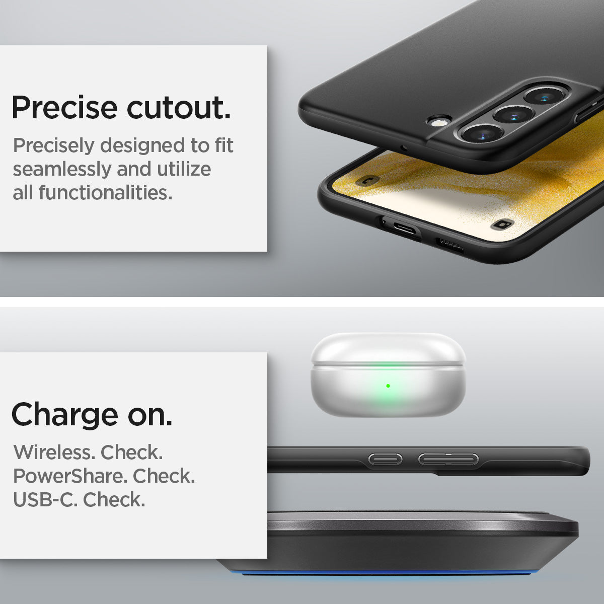 ACS03949 - Galaxy S22 Plus 5G Case Thin Fit in black showing the precise cutout. Precisely designed to fit seamless and utilize all functionalities. Charge on wireless, powershare and USB-C all check