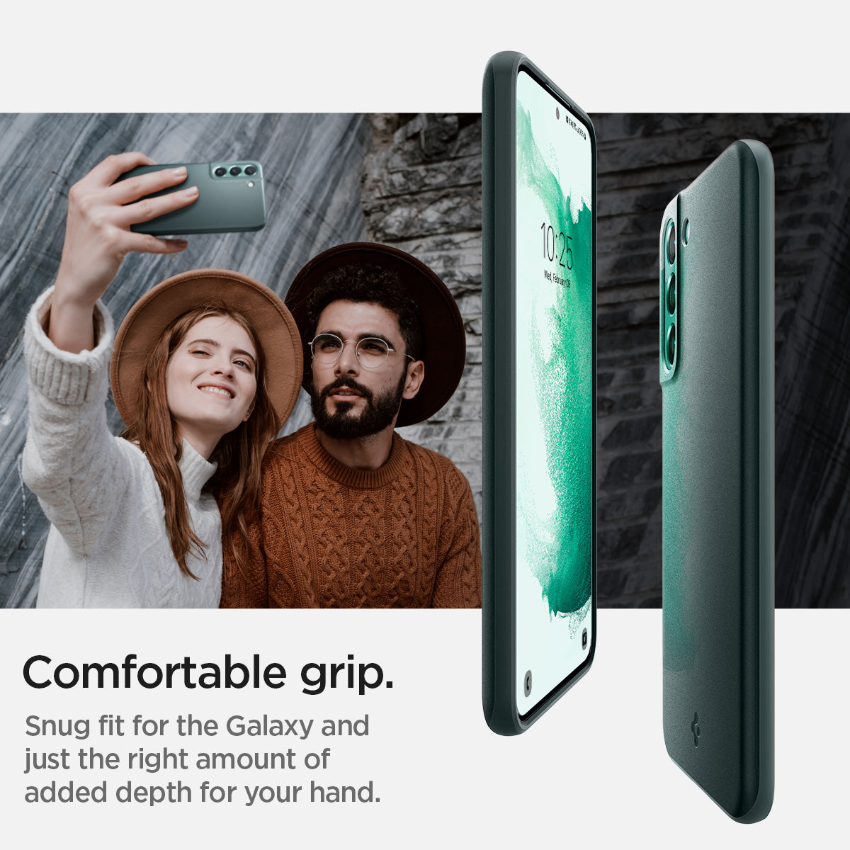 ACS04520 - Galaxy S22 Plus 5G Case Thin Fit in abyss green showing the comfortable grip. Snug fit for the Galaxy and just the right amount added for your hand