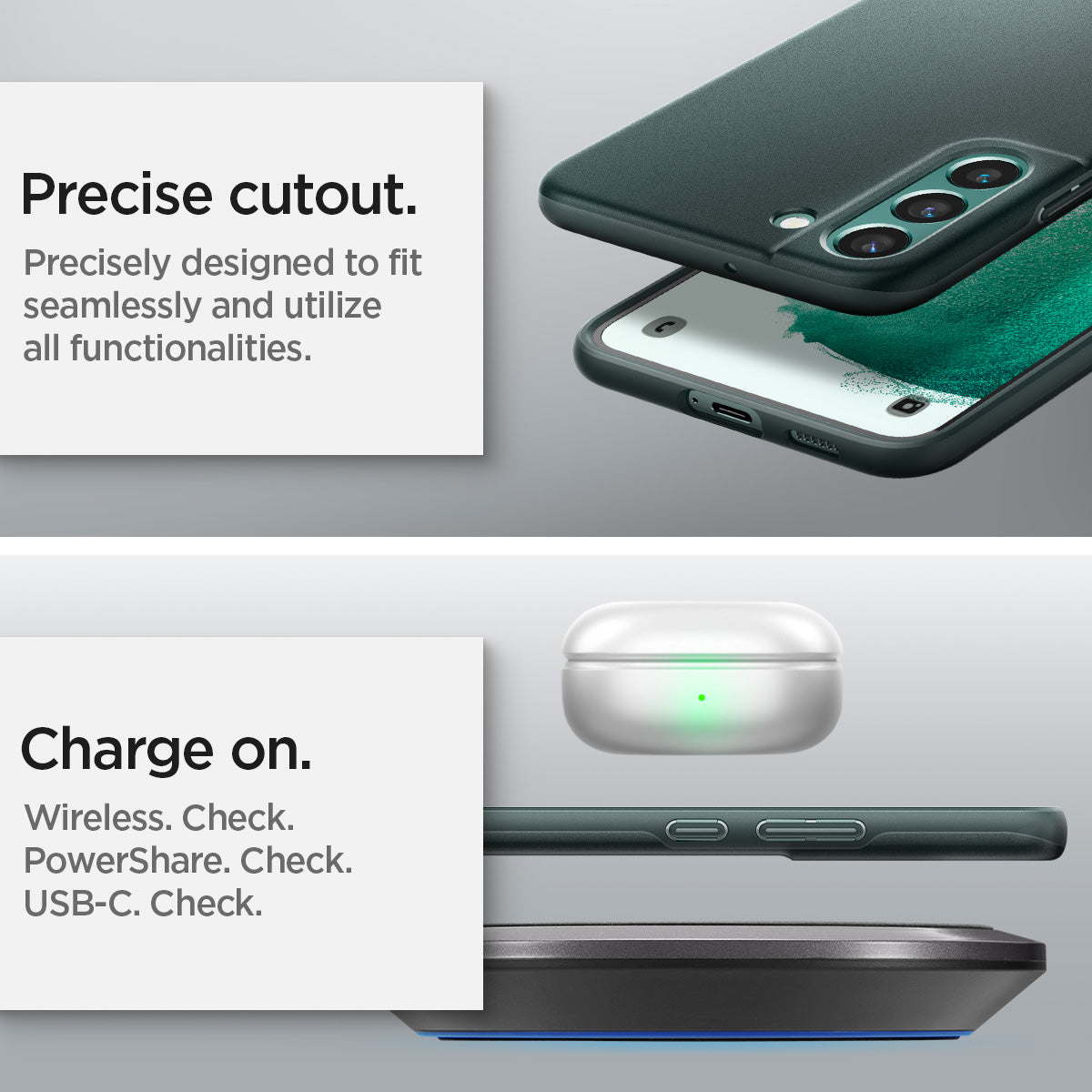 ACS04520 - Galaxy S22 Plus 5G Case Thin Fit in abyss green showing the precise cutout. Precisely designed to fit seamless and utilize all functionalities. Charge on wireless, powershare and USB-C all check