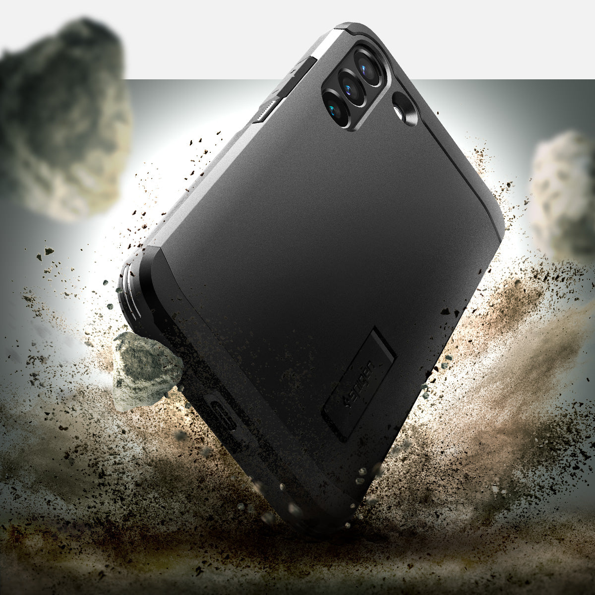 ACS03958 - Galaxy S22 Plus 5G Case Tough Armor in black showing back with the rock.