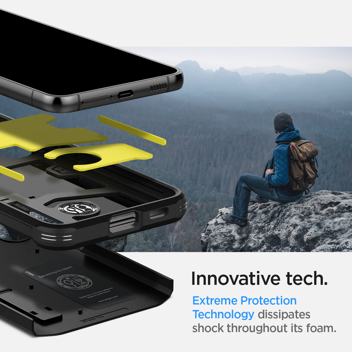 ACS03958 - Galaxy S22 Plus 5G Case Tough Armor in black innovative tech. Extreme protection technology dissipates shock throughout its foam.