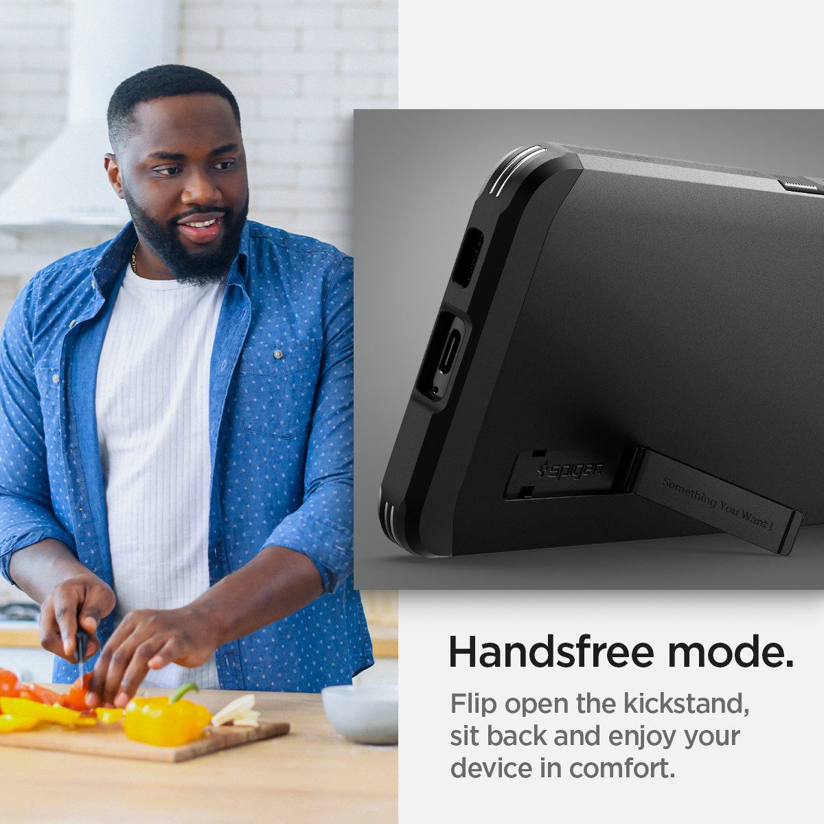 ACS03958 - Galaxy S22 Plus 5G Case Tough Armor in black handsfree mode. Flip open the kickstand, sit back and enjoy your device in comfort.