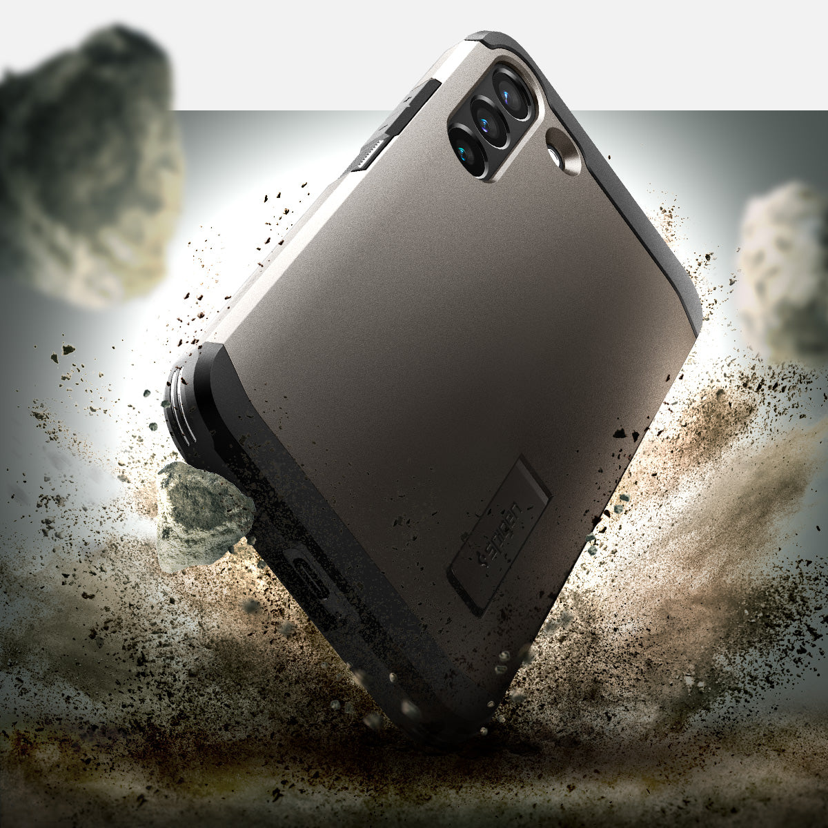 ACS03959 - Galaxy S22 Plus 5G Case Tough Armor in gunmetal showing back with the rock.