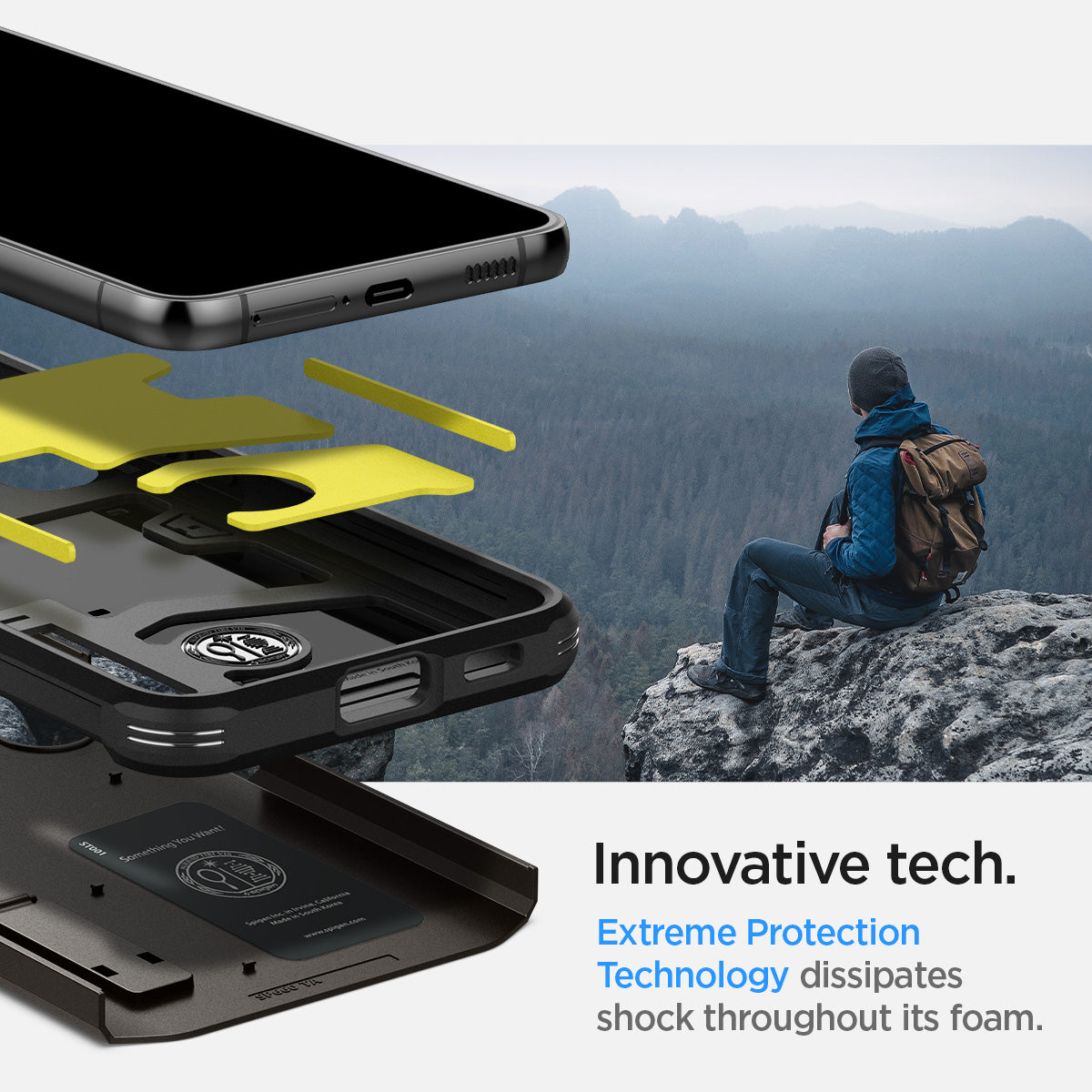 ACS03959 - Galaxy S22 Plus 5G Case Tough Armor in gunmetal innovative tech. Extreme protection technology dissipates shock throughout its foam.