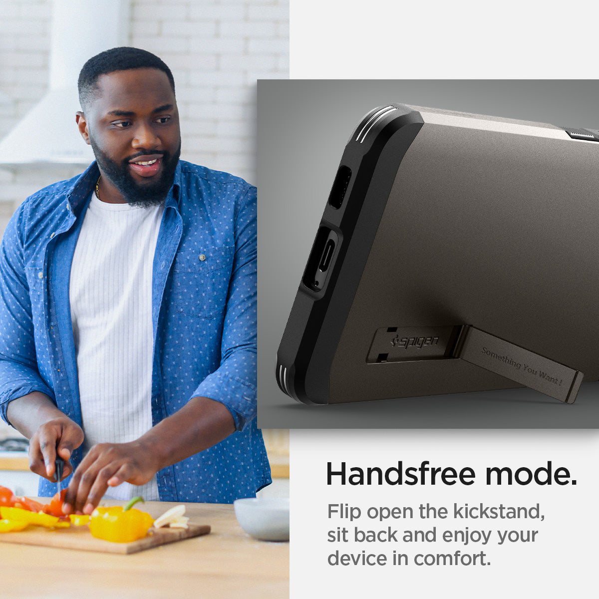 ACS03959 - Galaxy S22 Plus 5G Case Tough Armor in gunmetal handsfree mode. Flip open the kickstand, sit back and enjoy your device in comfort.