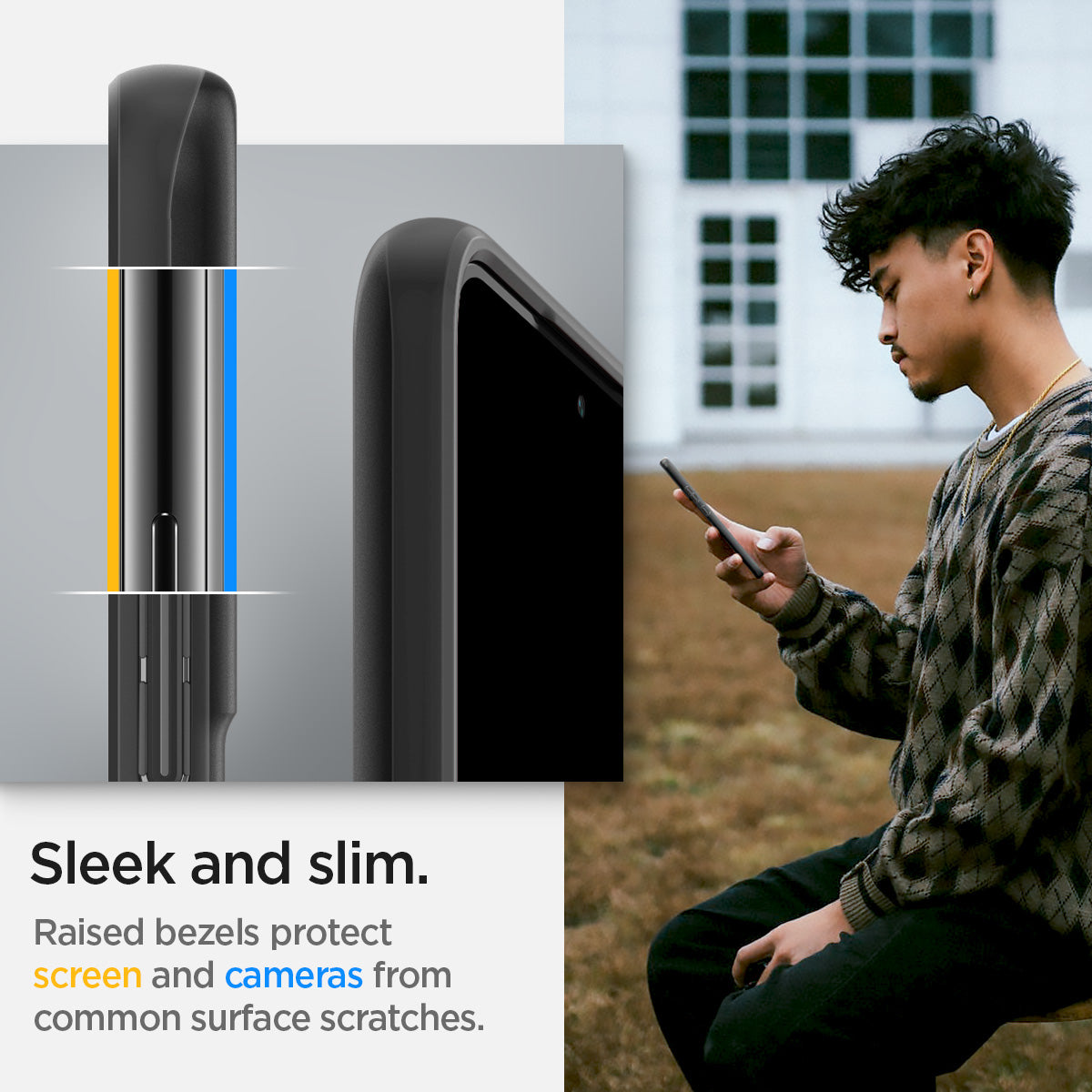 ACS03983 - Galaxy S22 5G Case Thin Fit in black showing the sleek and slim. Raised bezels protect screen and cameras from common surface scratches