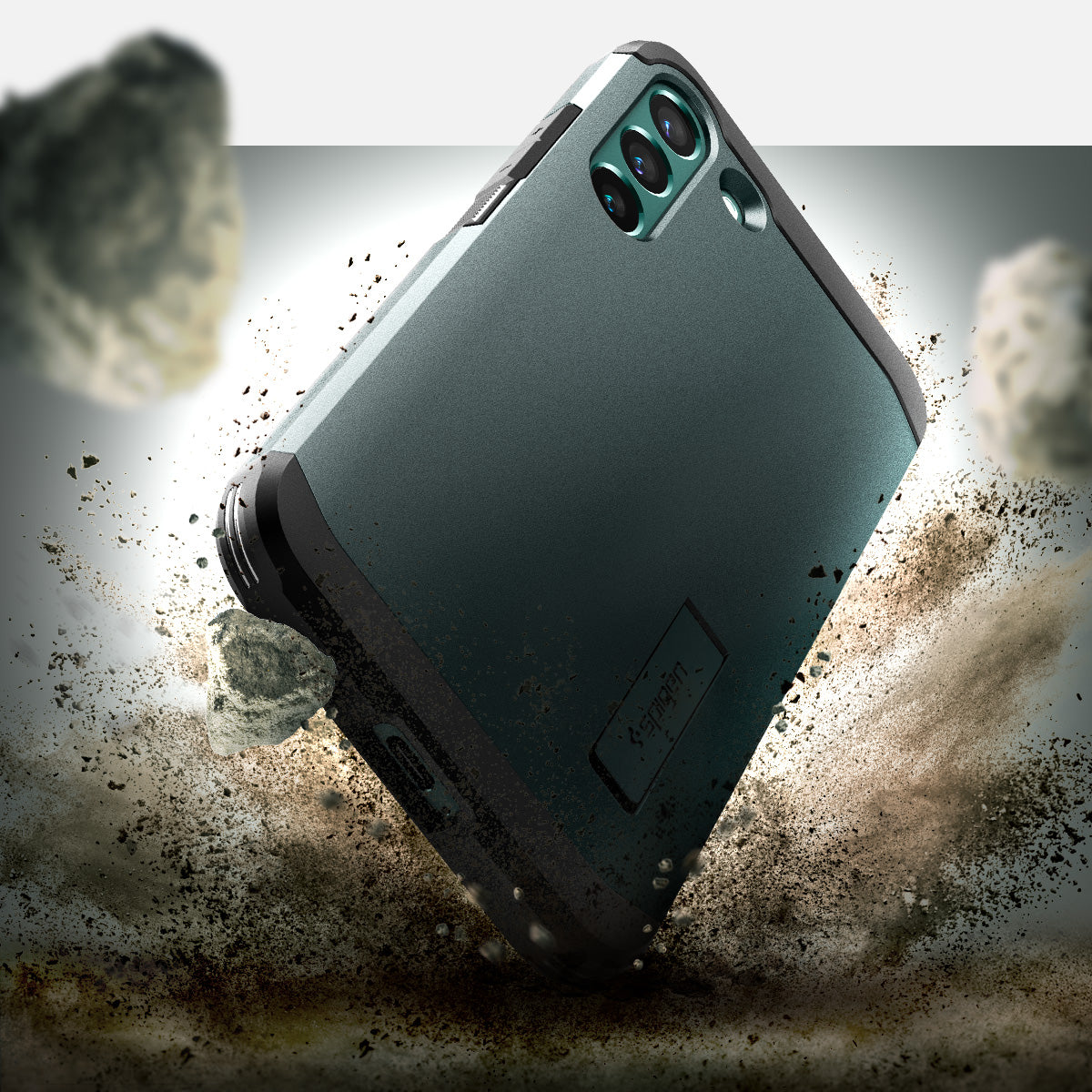 ACS04387 - Galaxy S22 5G Case Tough Armor in abyss green showing back with the rock.
