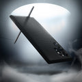 ACS03915 - Galaxy S22 Ultra 5G Case Liquid Air in black showing the back, partial side and bottom with S Pen hovering at the top