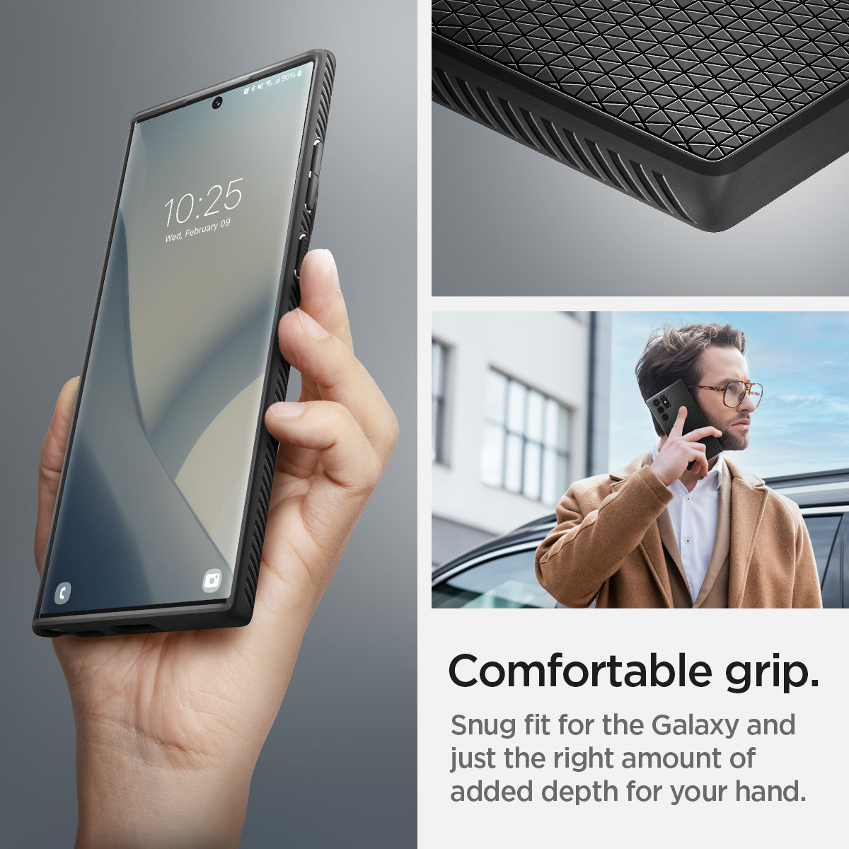 ACS03915 - Galaxy S22 Ultra 5G Case Liquid Air in black showing the comfortable grip. Snug fit for the Galaxy and just the right amount of added depth for your hand