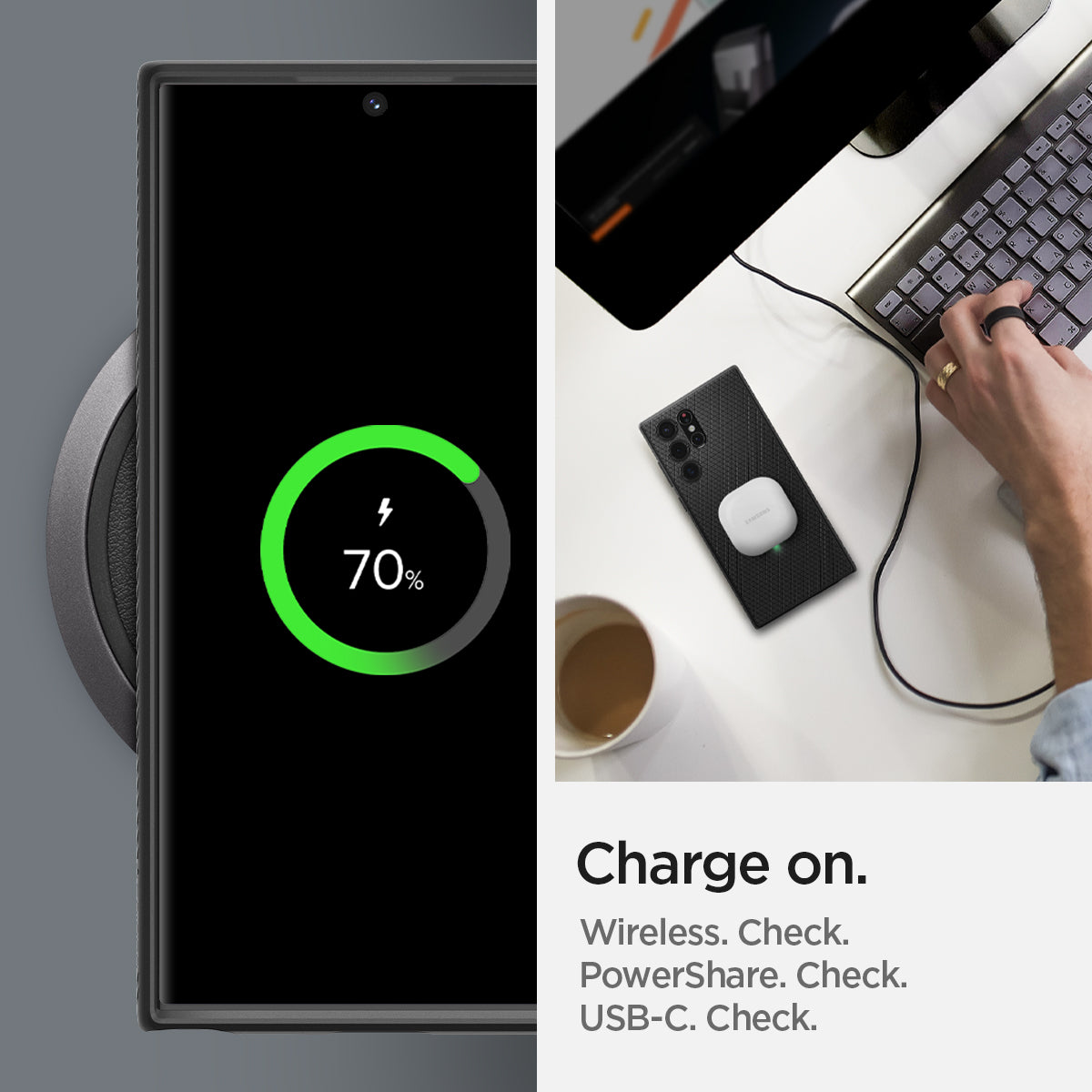 ACS03915 - Galaxy S22 Ultra 5G Case Liquid Air in black showing charge on. Wireless, PowerShare and USB-C all check
