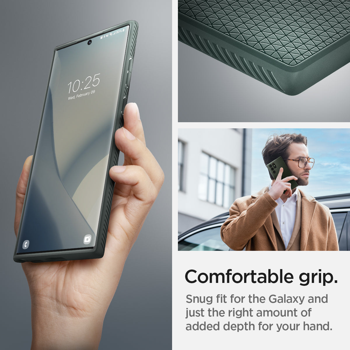 ACS04518 - Galaxy S22 Ultra 5G Case Liquid Air in abyss green showing the comfortable grip. Snug fit for the Galaxy and just the right amount of added depth for your hand