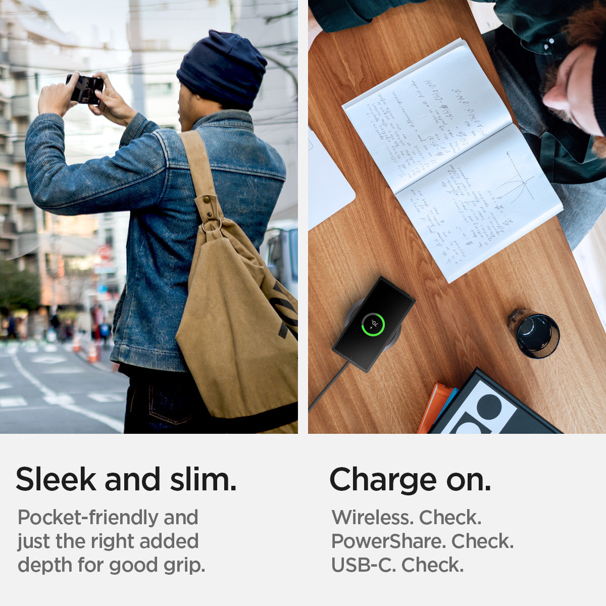 ACS03926 - Galaxy S22 Ultra 5G Case Neo Hybrid in gunmetal sleek and slim. Pocket friendly and just the right added depth for good grip. charge on. wireless. check. power share check. USB-C check.