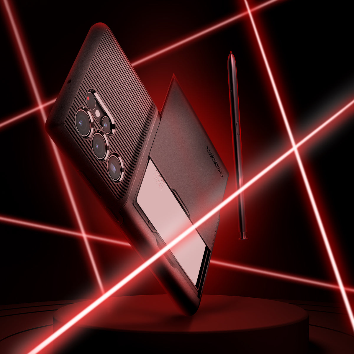 ACS03927 - Galaxy S22 Ultra 5G Case Slim Armor CS in black showing back and pen with the red line.