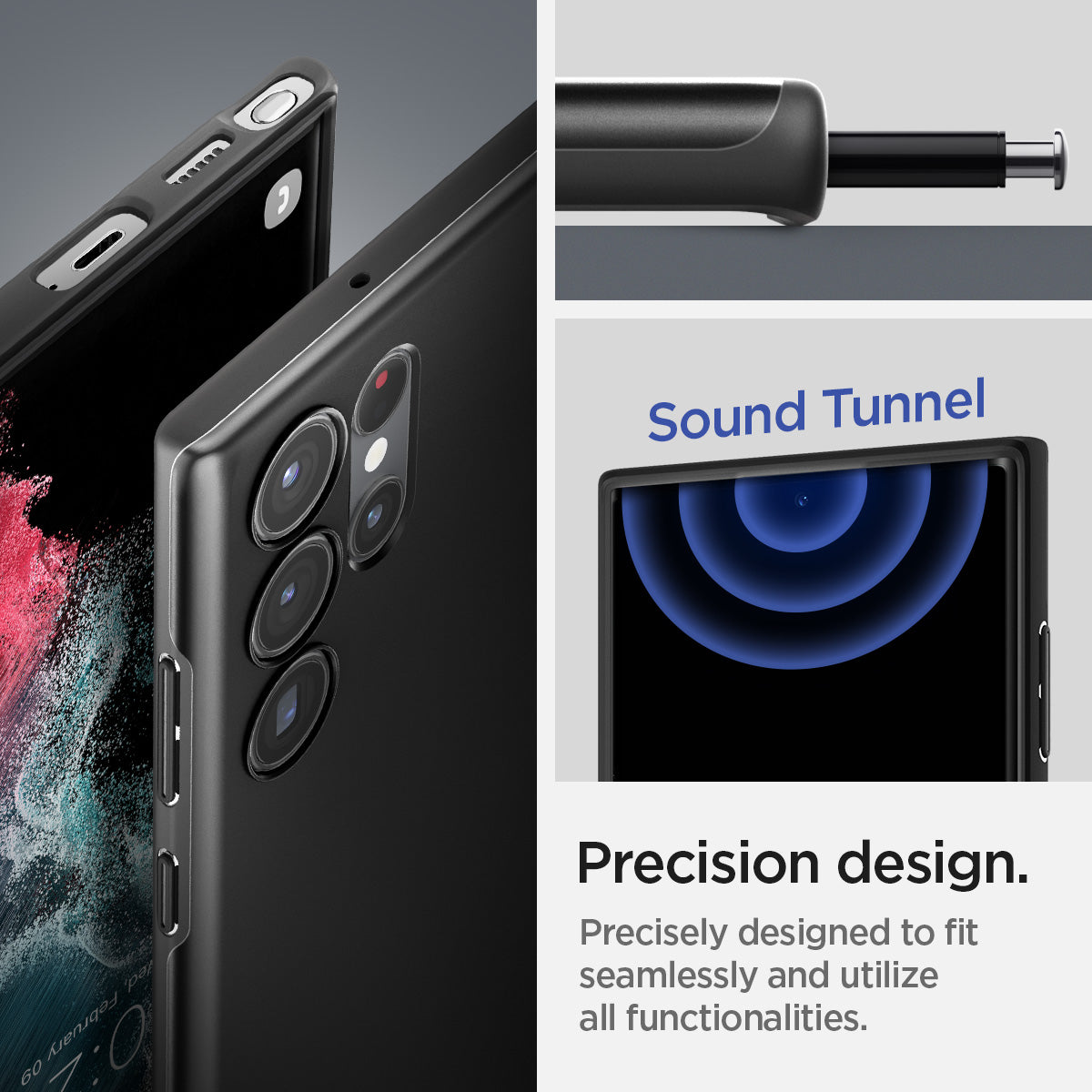 ACS03911 - Galaxy S22 Ultra 5G Case Thin Fit in black showing the precision design. Precisely designed to fit seamlessly and utilize all functionalities